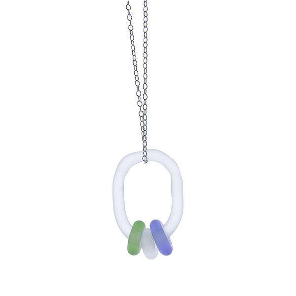 Frosted glass link passing through 3 frosted beads. The beads are blue, clear and green. The link hangs on a sterling silver chain. White background.