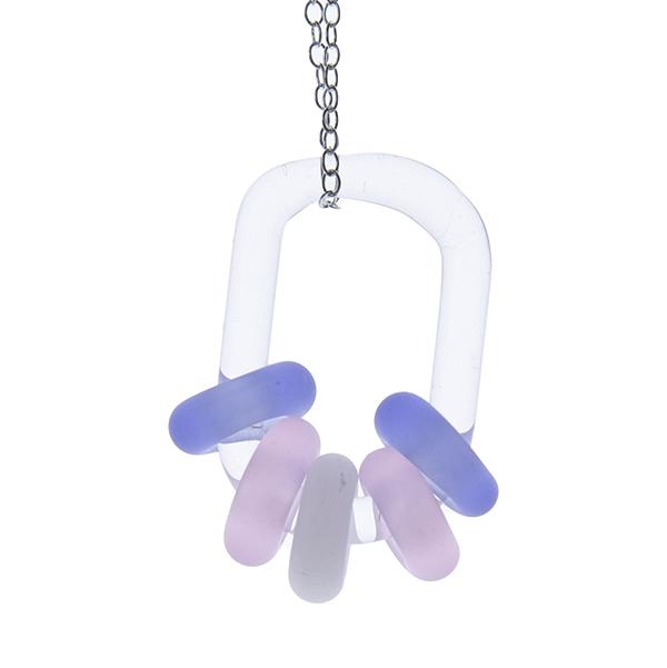 Close up of clear glass link passing through a five frosted beads which are pale blue, pink, white (frosted clear), pink and pale blue hanging in front of a white background