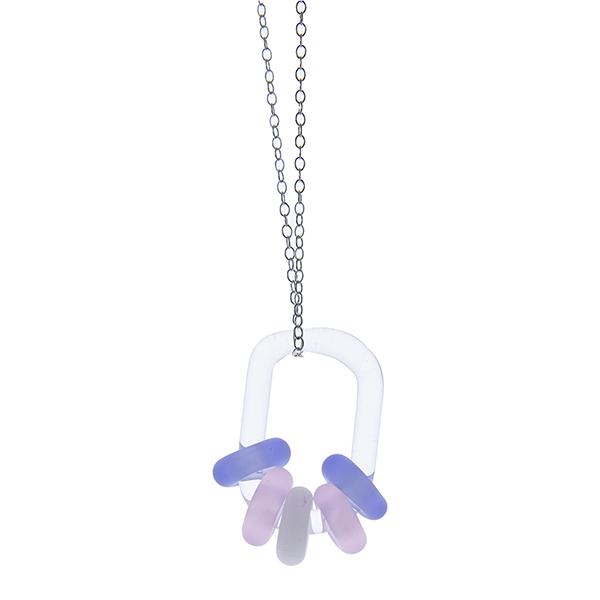 clear glass link passing through a five frosted beads which are pale blue, pink, white (frosted clear), pink and pale blue hanging in front of a white background