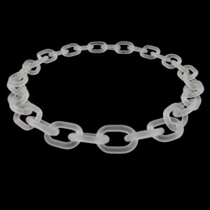 Bold glass chain necklace made from links of frosted glass laid flat in a circle. Shown on a black background.