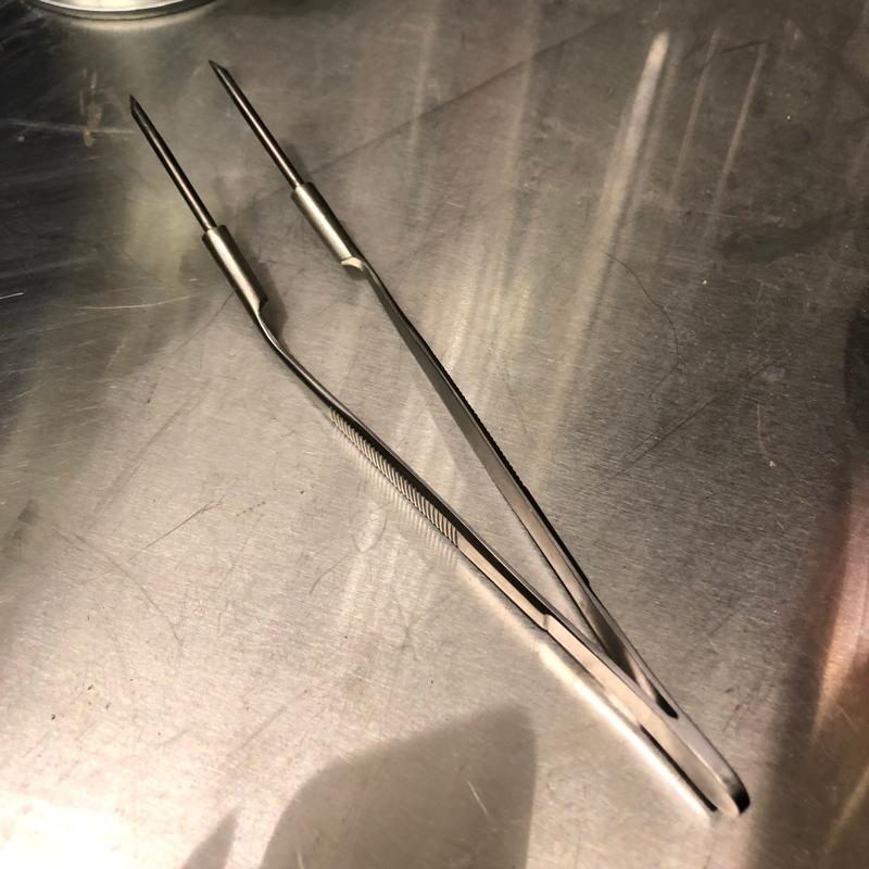 a pair of tweezers with tungsten points on a stainless steel workbench