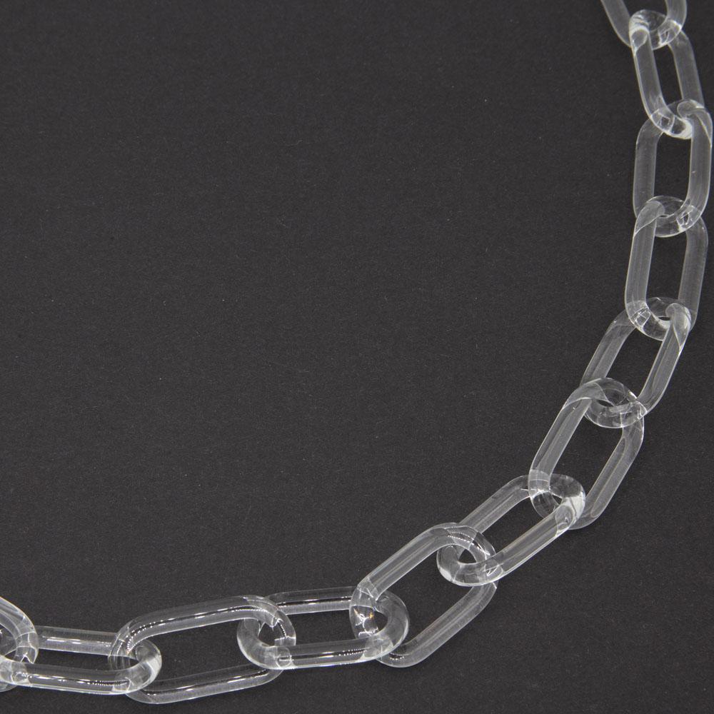 Close up of necklace made from clear glass links.
