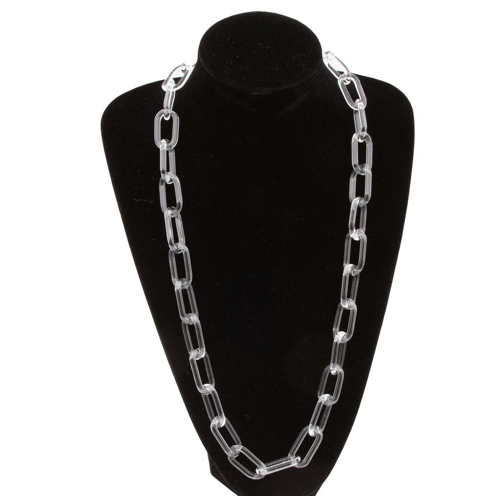 Necklace made from clear glass links. Displayed on a black mannequin.