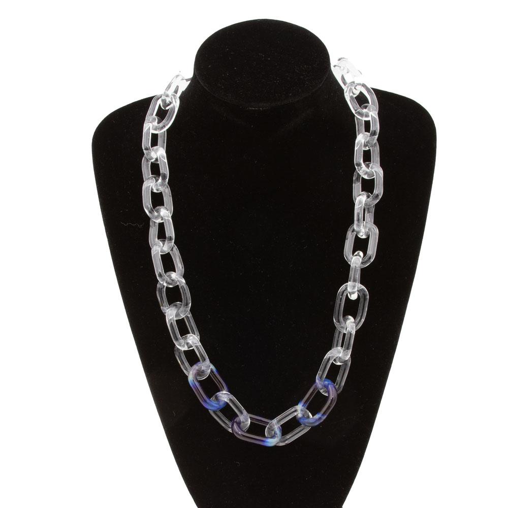 Necklace made from clear glass links with three coloured links at the front. The links are made from dragons eye glass which is multicoloured with pale blue, blue and purple. Shown on a black mannequin.