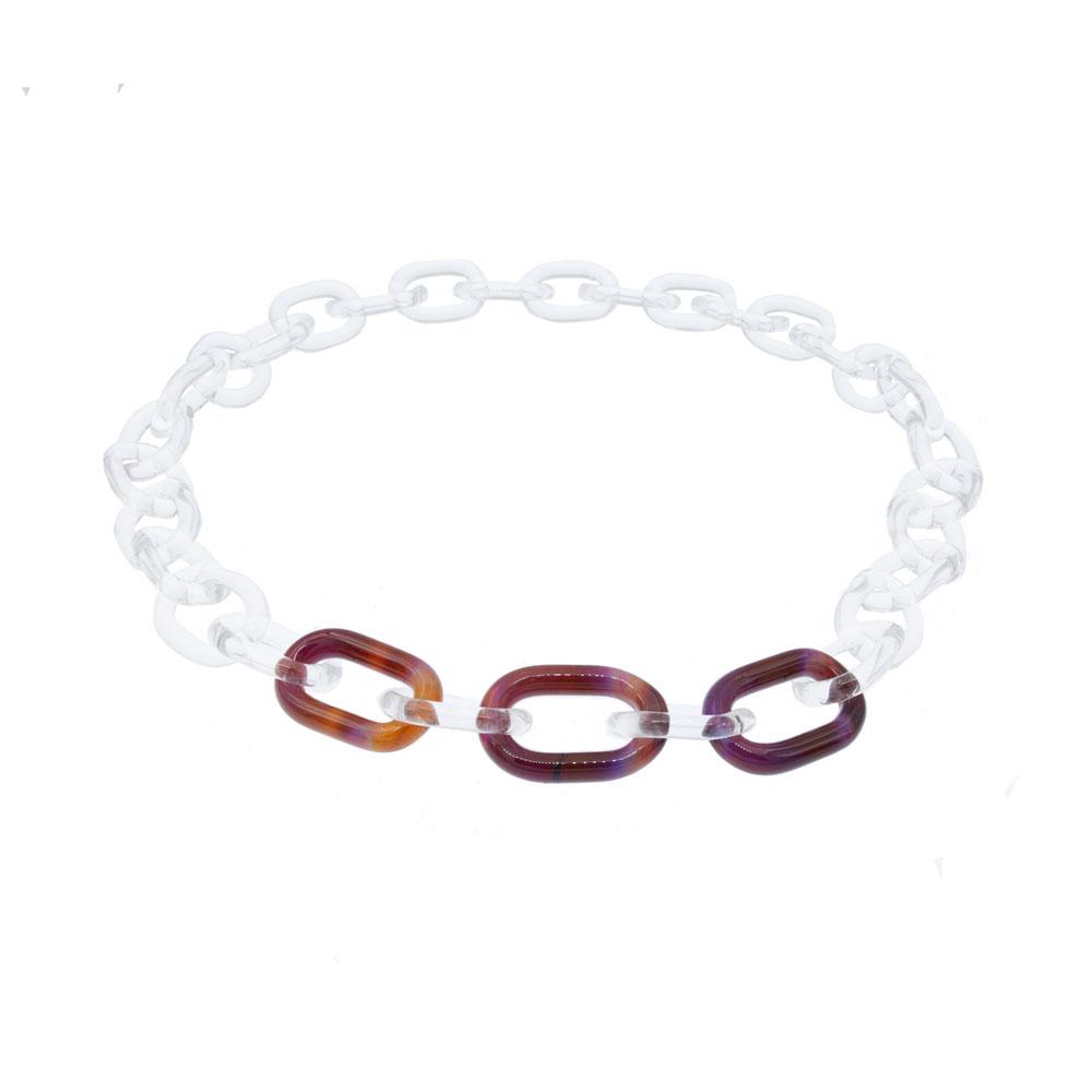 Necklace made from clear glass links with three coloured links at the front. The links are made from mai tai glass which is multicoloured going from copper to pale blue, blue and purple. Photographed on a pure white background.