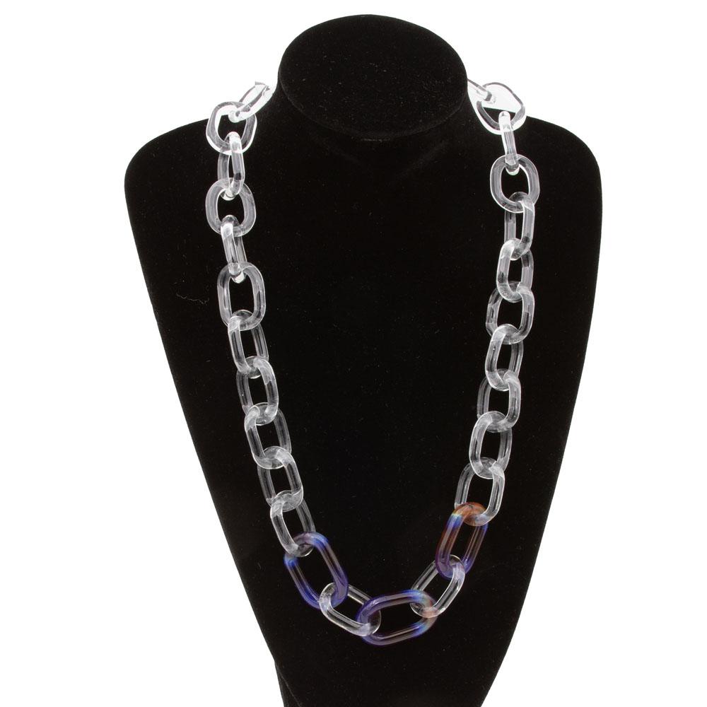 Necklace made from clear glass links with three coloured links at the front. The links are made from mai tai glass which is multicoloured going from copper to pale blue, blue and purple. Necklace displayed on a black mannequin.