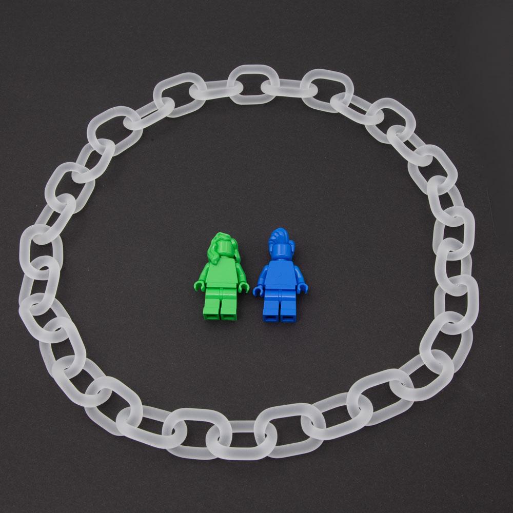 Necklace made from frosted links of clear glass. The image also shows two lego figures for scale.