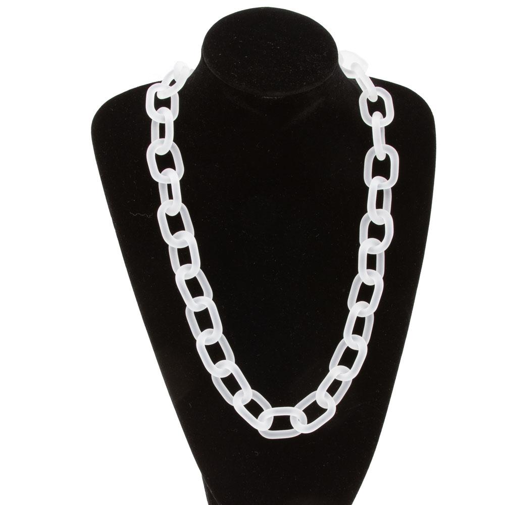 Necklace made from frosted links of clear glass. The necklace is displayed on a black mannequin.