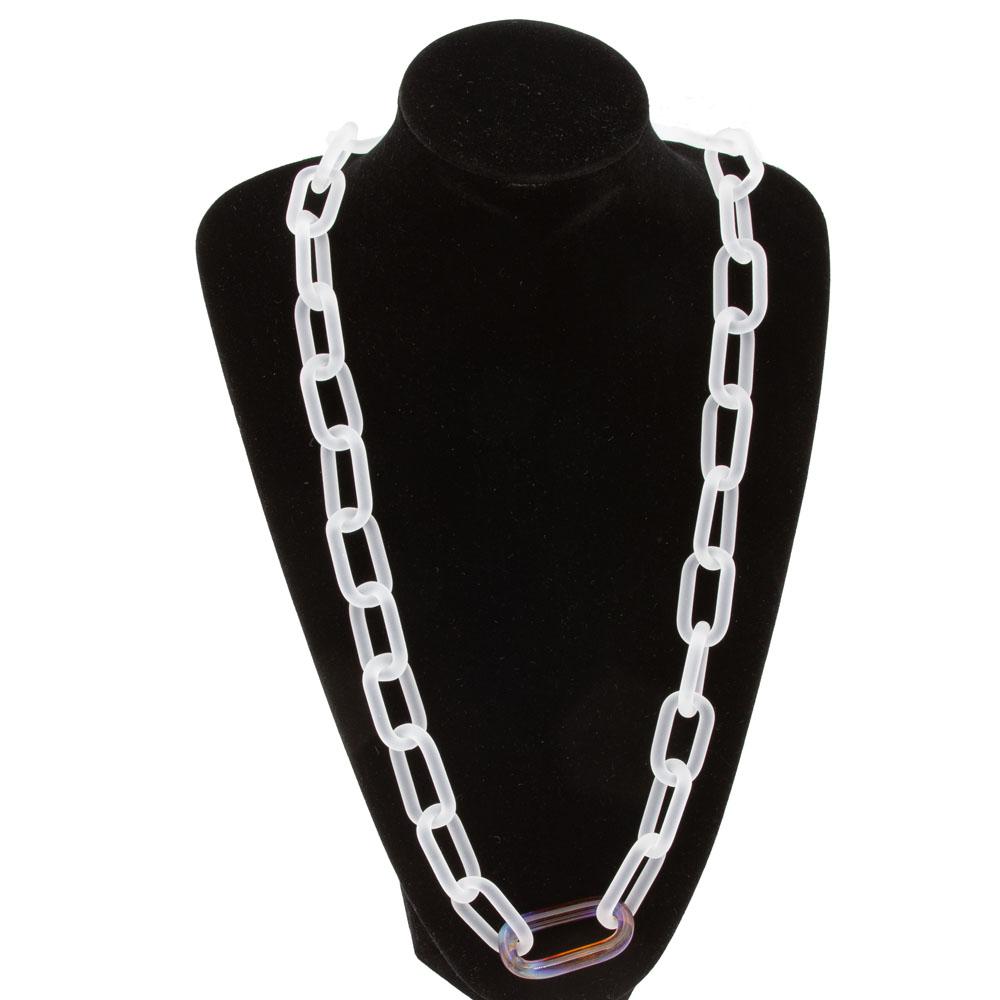 Glass chain necklace made with frosted links of clear glass and a single link of multicolour pink, purple, blue and copper glass. The necklace is displayed on a mannequin.