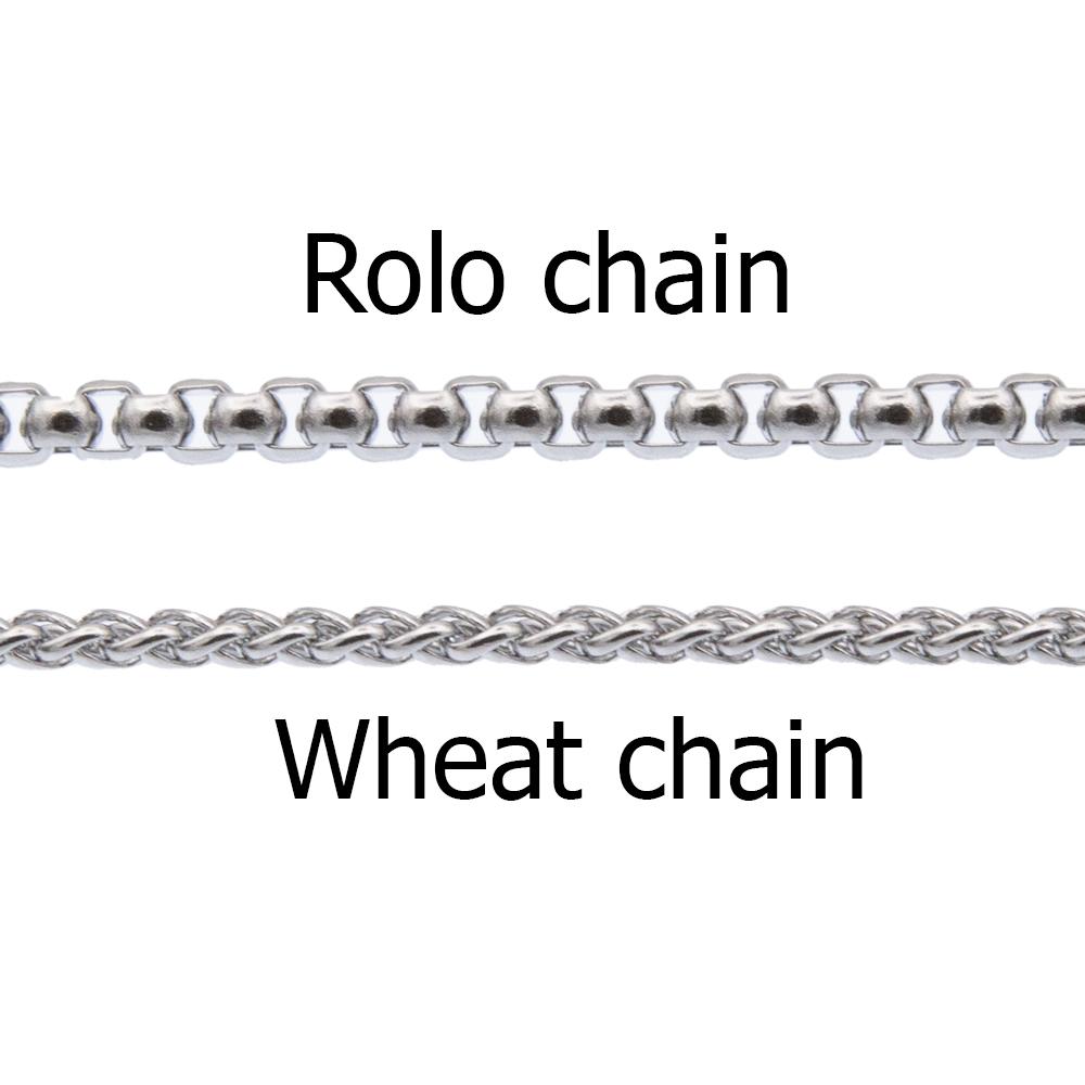 Close up of chunky stainless steel rolo belcher chain and stainless steel wheat chain with text "Rolo chain" and "Wheat chain"