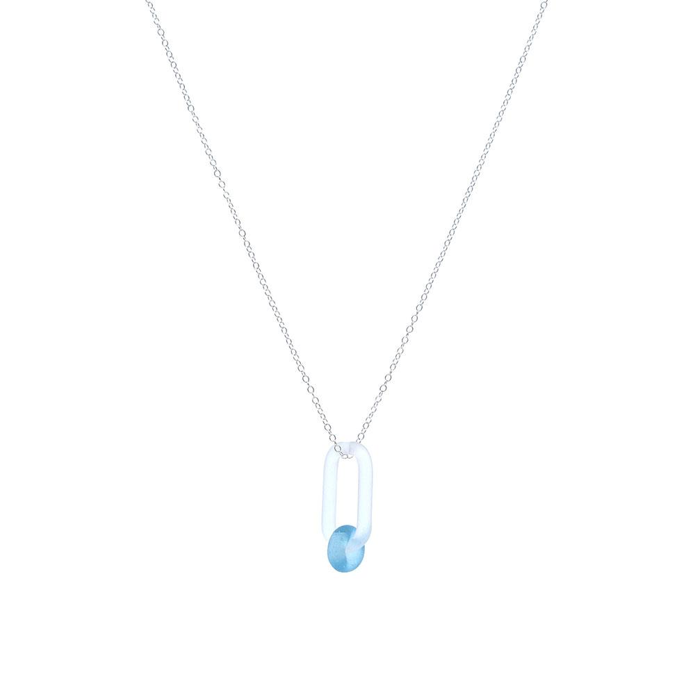A clear glass link which passes through a bead made from the transparent turquoise glass of a Bombay Sapphire gin bottle. Link and beads have a frosted finish. The link hangs from a fine sterling silver chain.