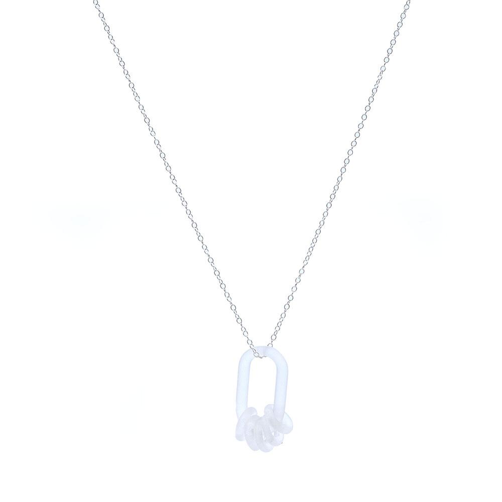 A clear glass link which passes through five small beads made from clear glass Link and beads have a frosted finish. The link hangs from a fine sterling silver chain.