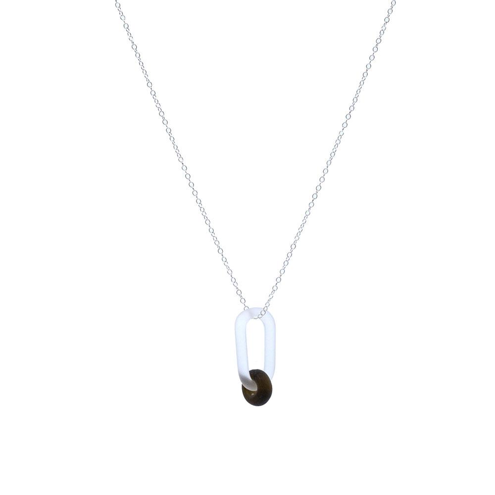 A clear glass link which passes through a bead made from a brown marmite jar. Link and bead have a frosted finish. The link hangs from a fine sterling silver chain.