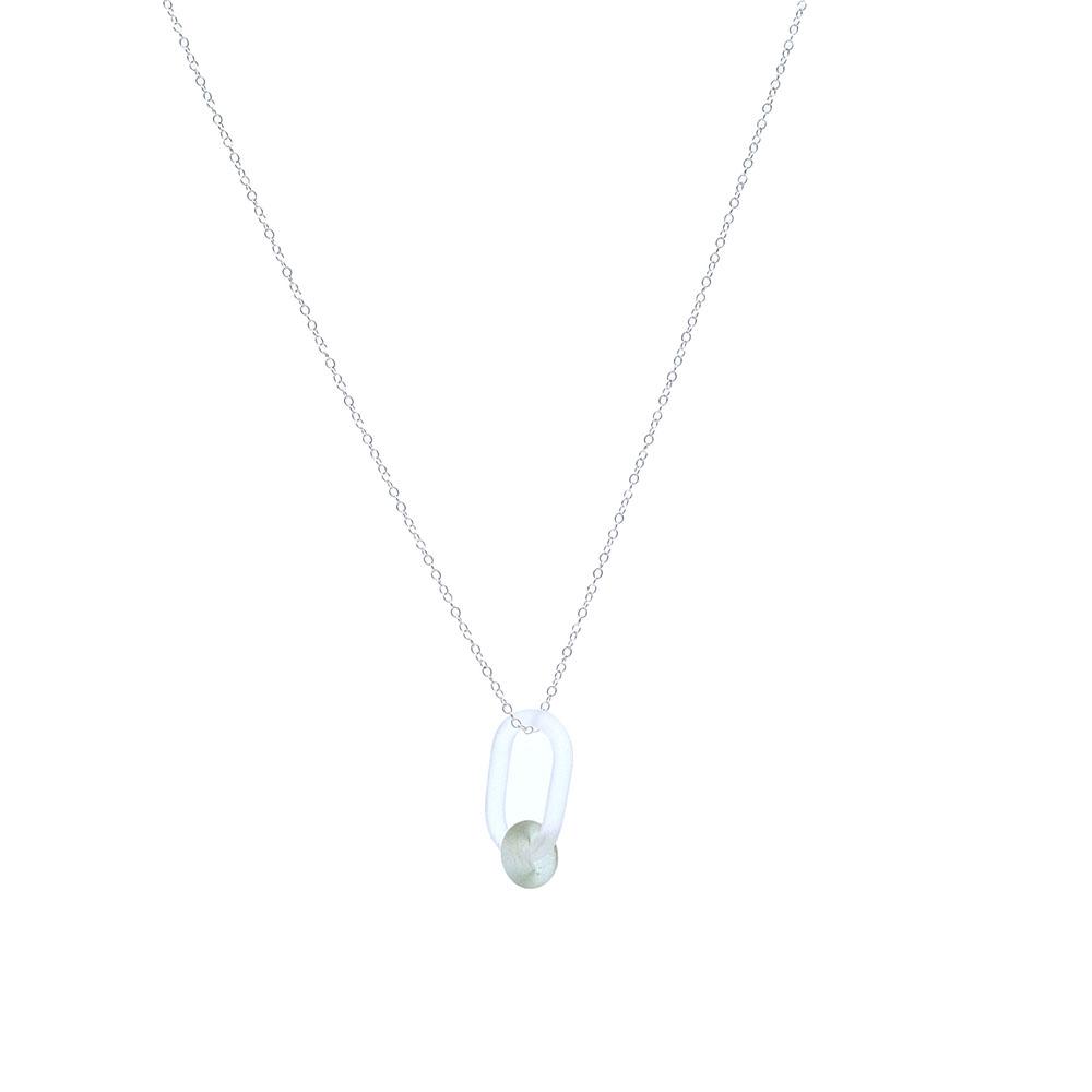 A clear glass link which passes through a bead made from a pale green wine bottle. Link and bead have a frosted finish. The link hangs from a fine sterling silver chain.