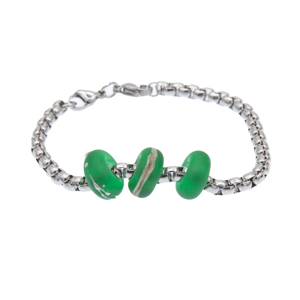Three frosted green beads on a chunky stainless steel belcher chain bracelet.