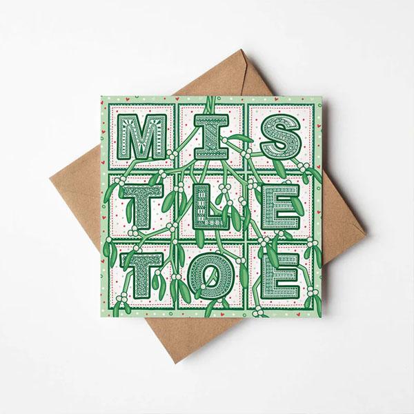 card with MISTLETOE and illustrations of mistletoe