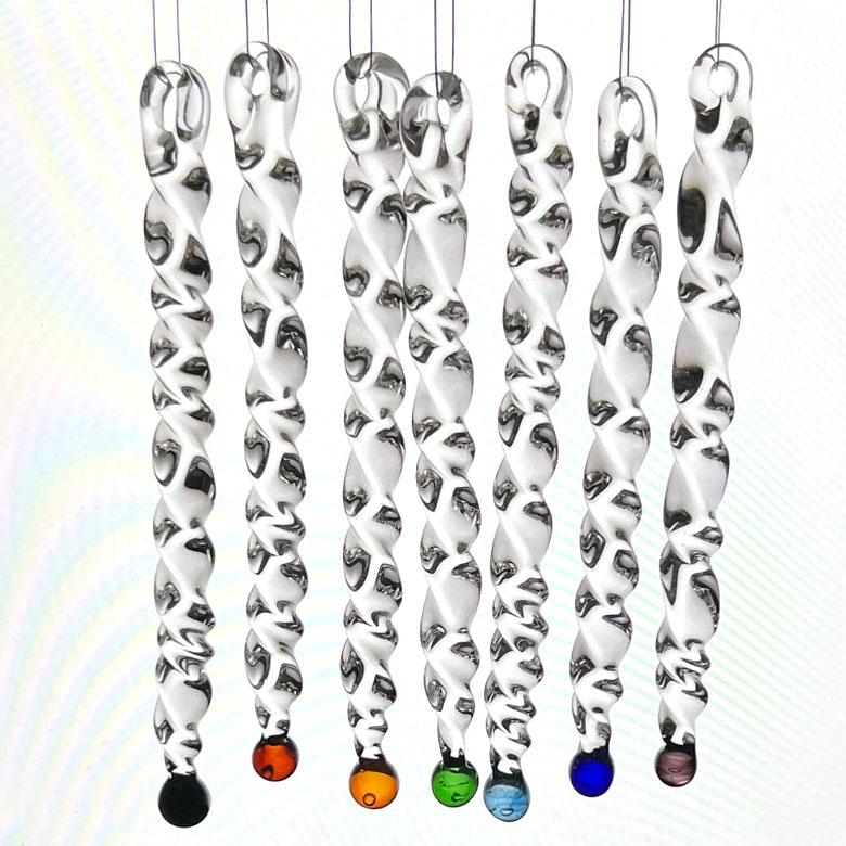 Seven lampwork glass icicles with coloured balls at their ends